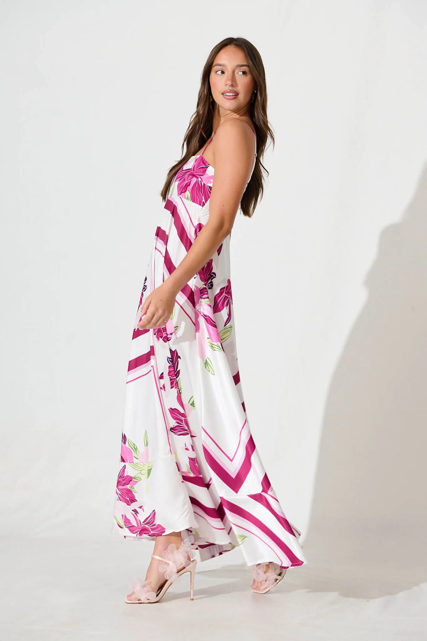 Ruthie Maxi Sundress in White with Pink Floral Satin