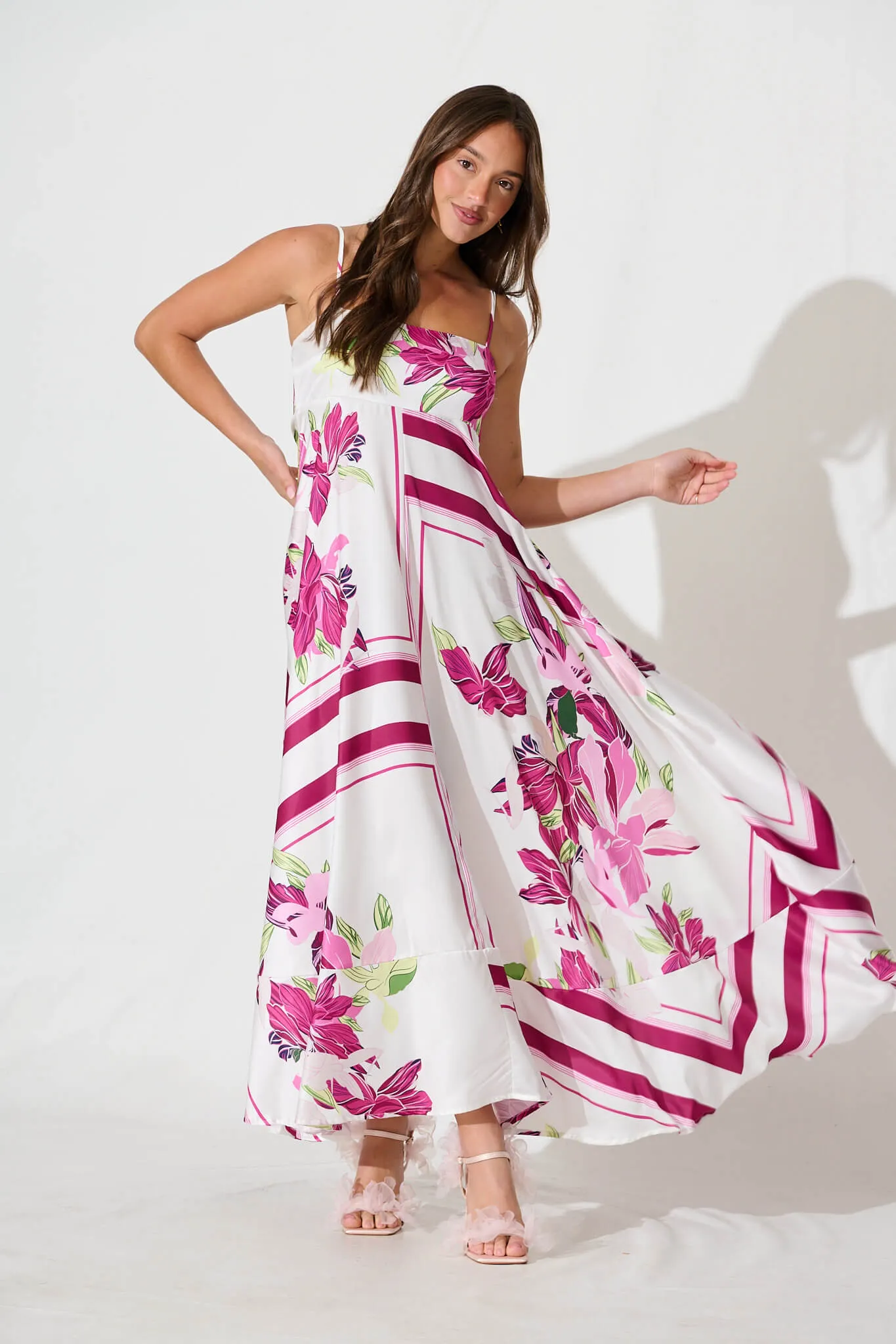 Ruthie Maxi Sundress in White with Pink Floral Satin