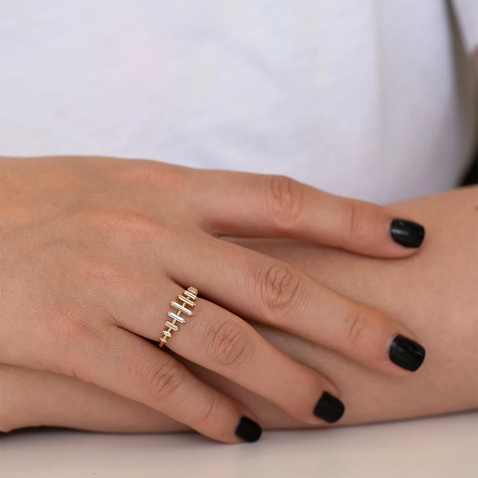 Spaced Needle Baguette Diamond Ring