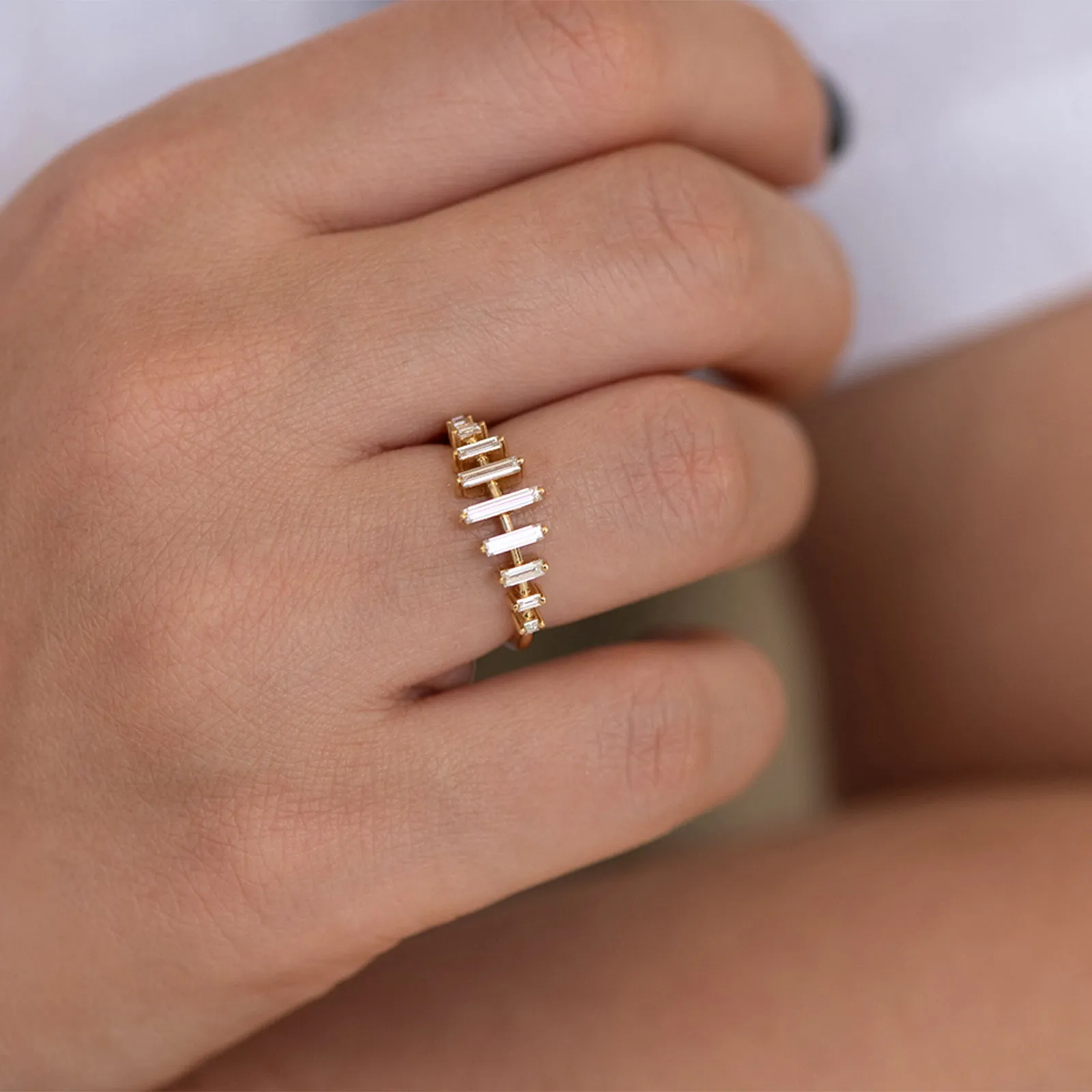 Spaced Needle Baguette Diamond Ring