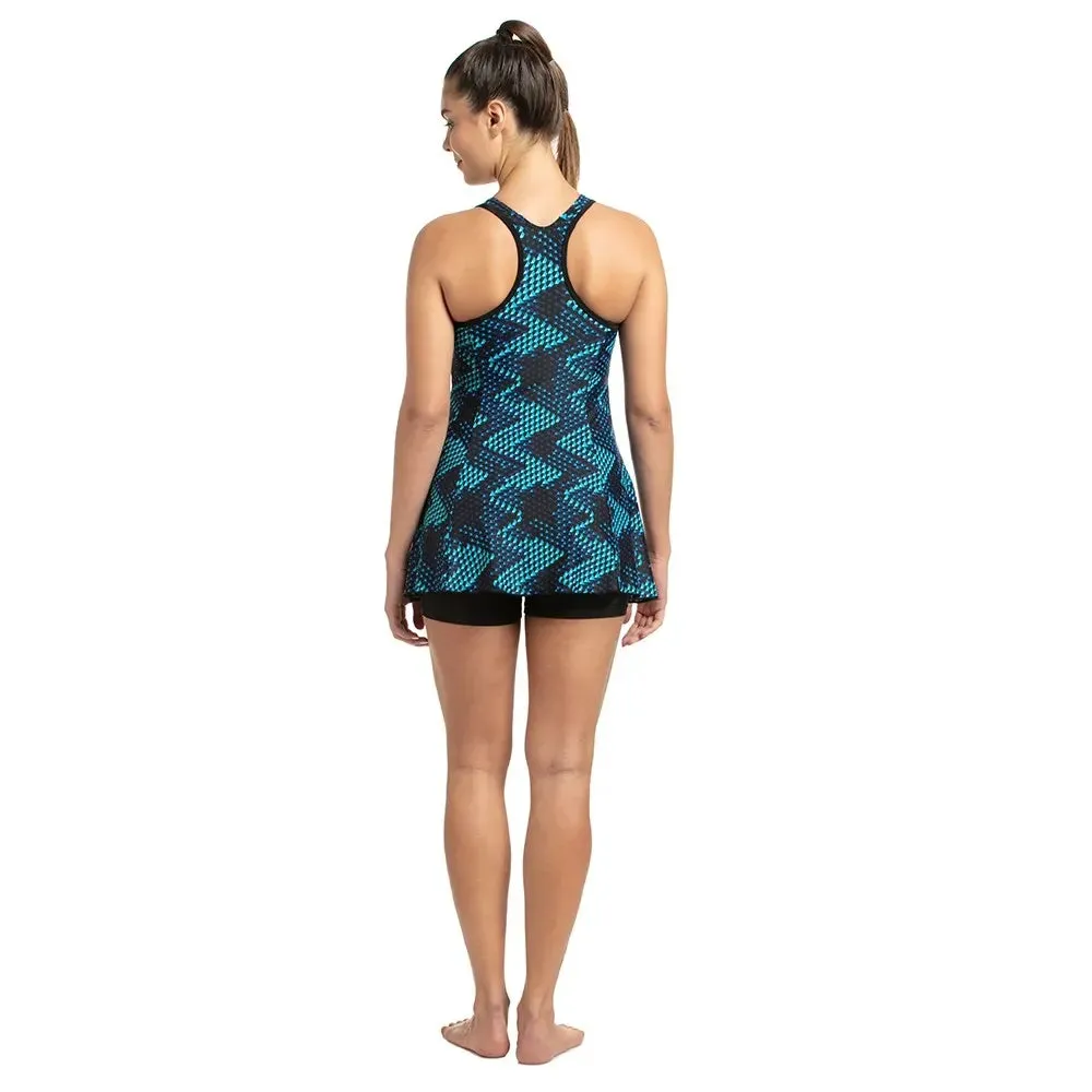 Speedo Women's Allover Print Racerback Swimdress with Boyleg (Black/Blue/Aquasplash)