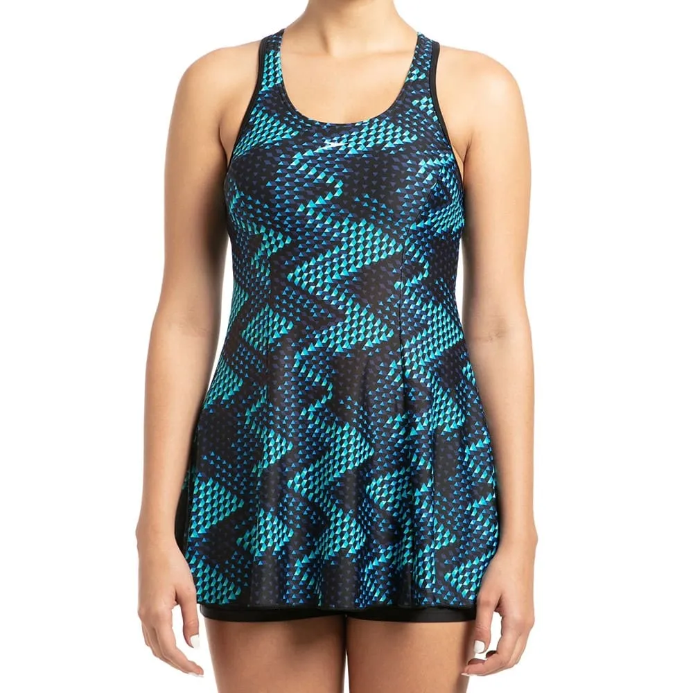 Speedo Women's Allover Print Racerback Swimdress with Boyleg (Black/Blue/Aquasplash)