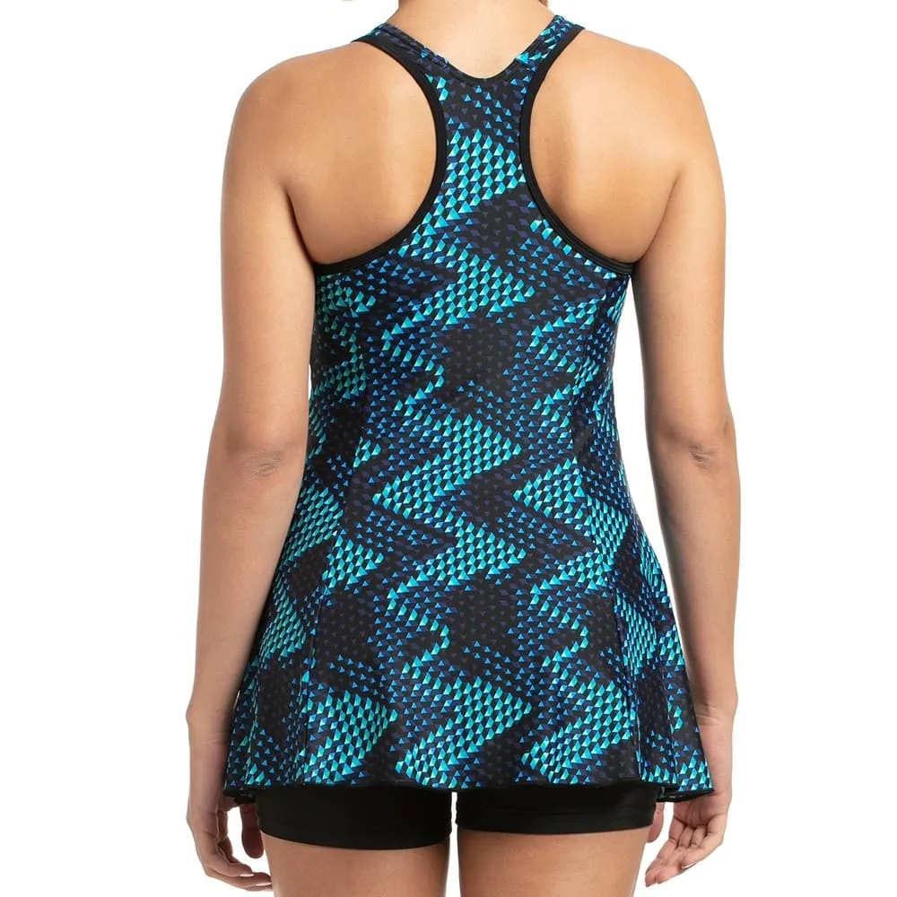 Speedo Women's Allover Print Racerback Swimdress with Boyleg (Black/Blue/Aquasplash)