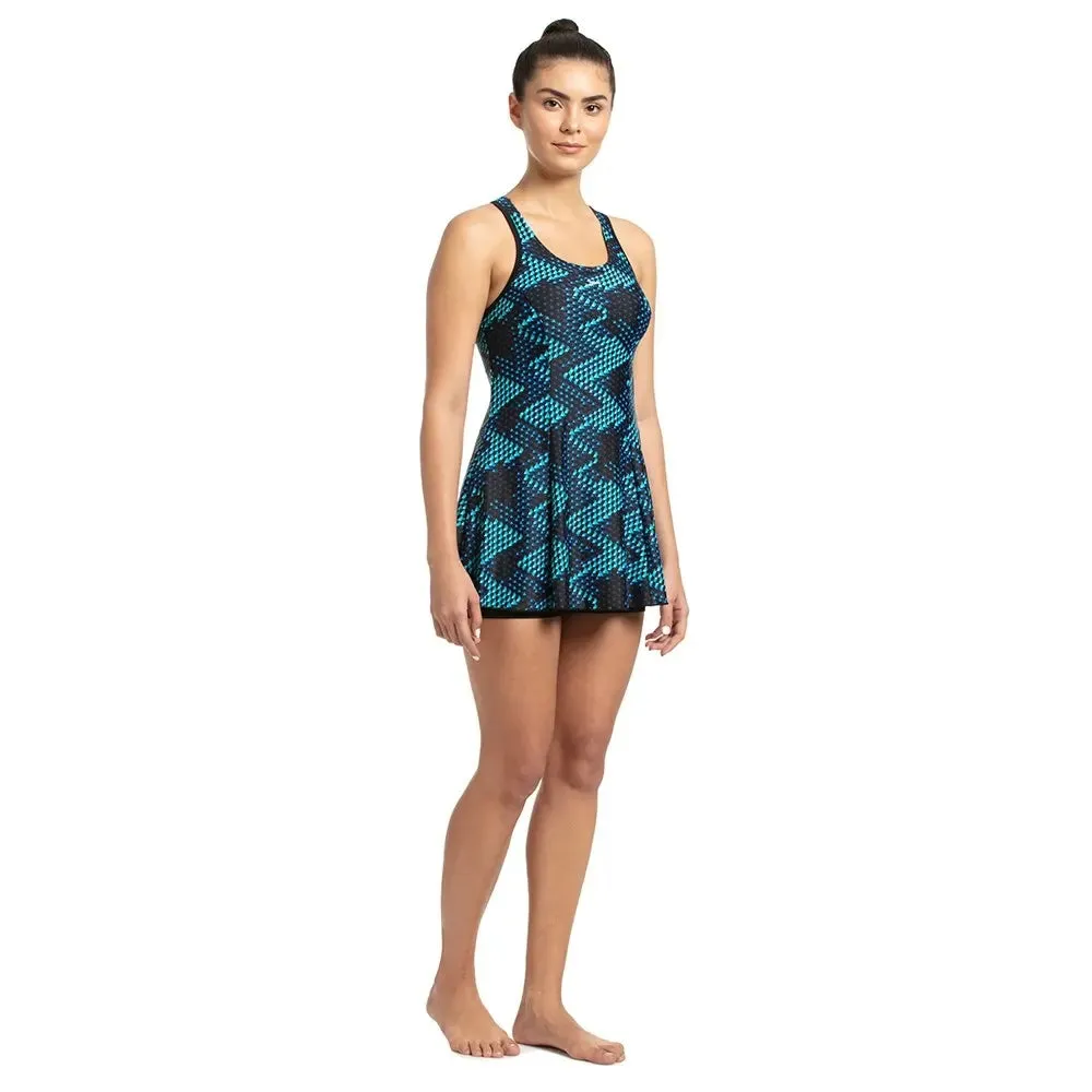 Speedo Women's Allover Print Racerback Swimdress with Boyleg (Black/Blue/Aquasplash)