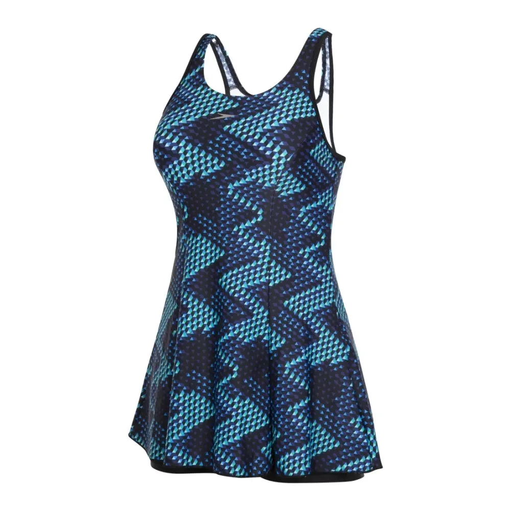 Speedo Women's Allover Print Racerback Swimdress with Boyleg (Black/Blue/Aquasplash)