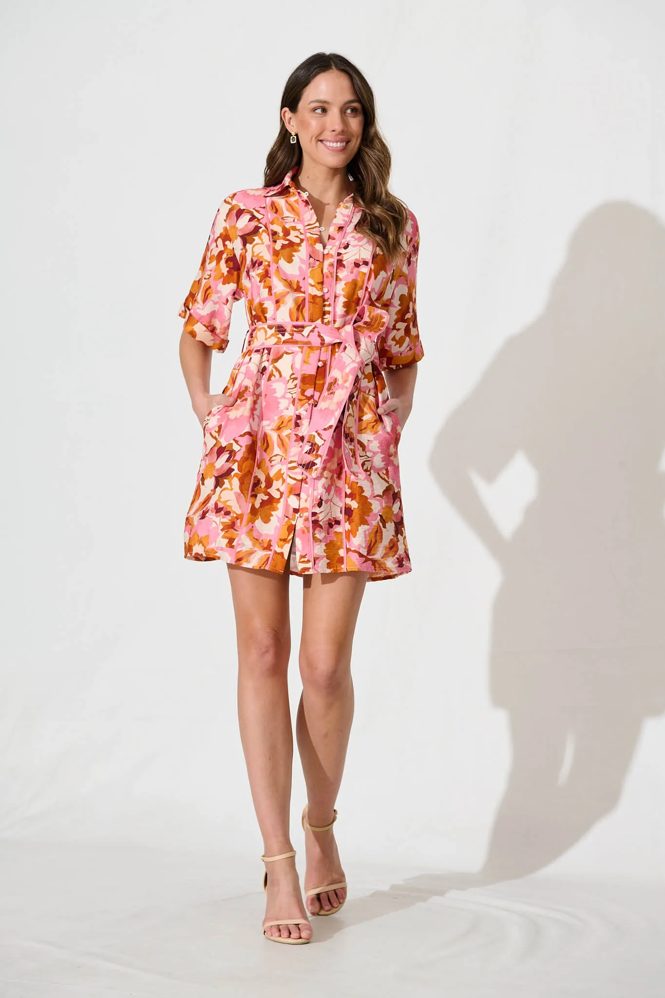 Spirit Shirt Dress In Pink With Rust Floral