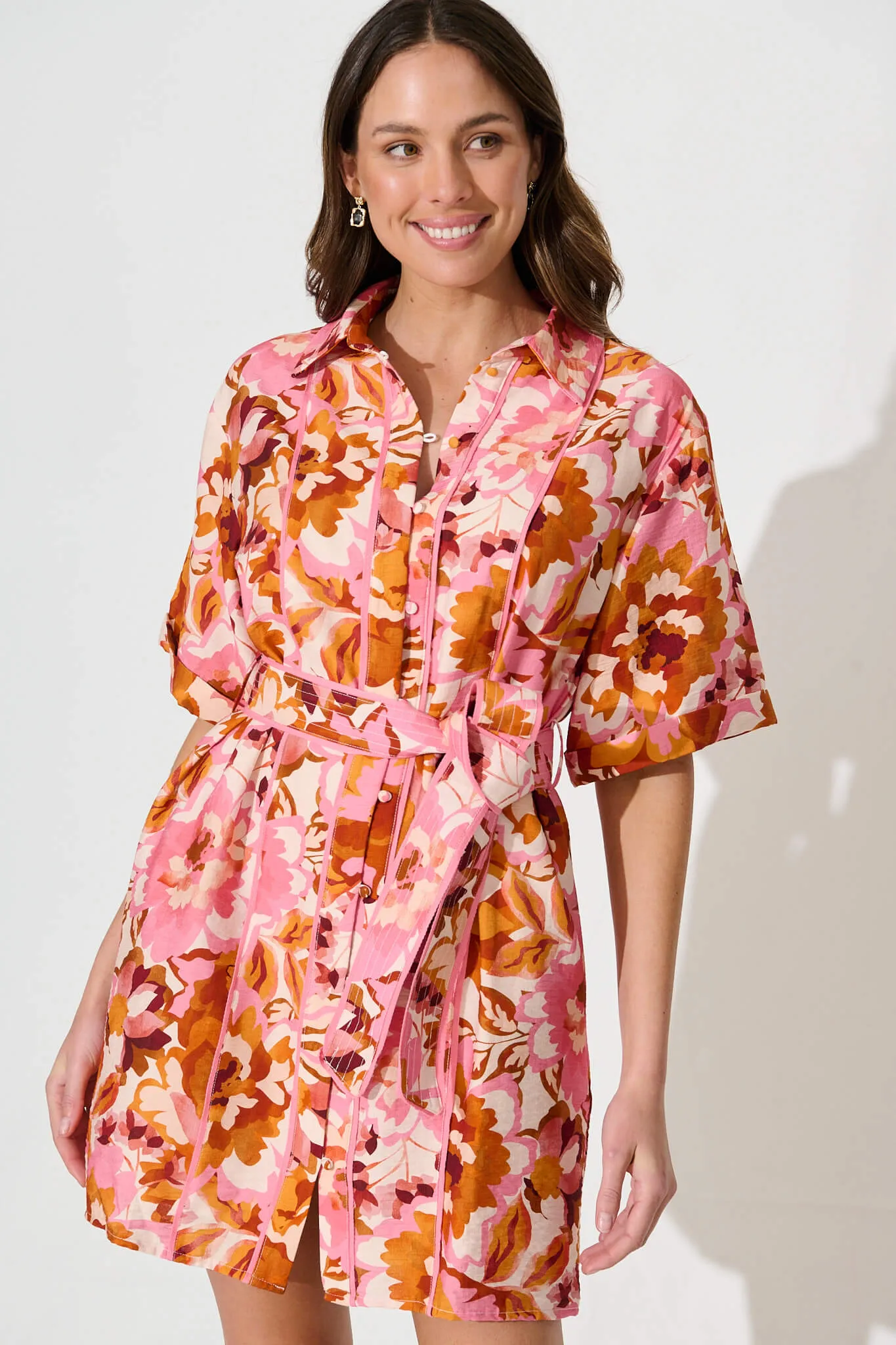 Spirit Shirt Dress In Pink With Rust Floral