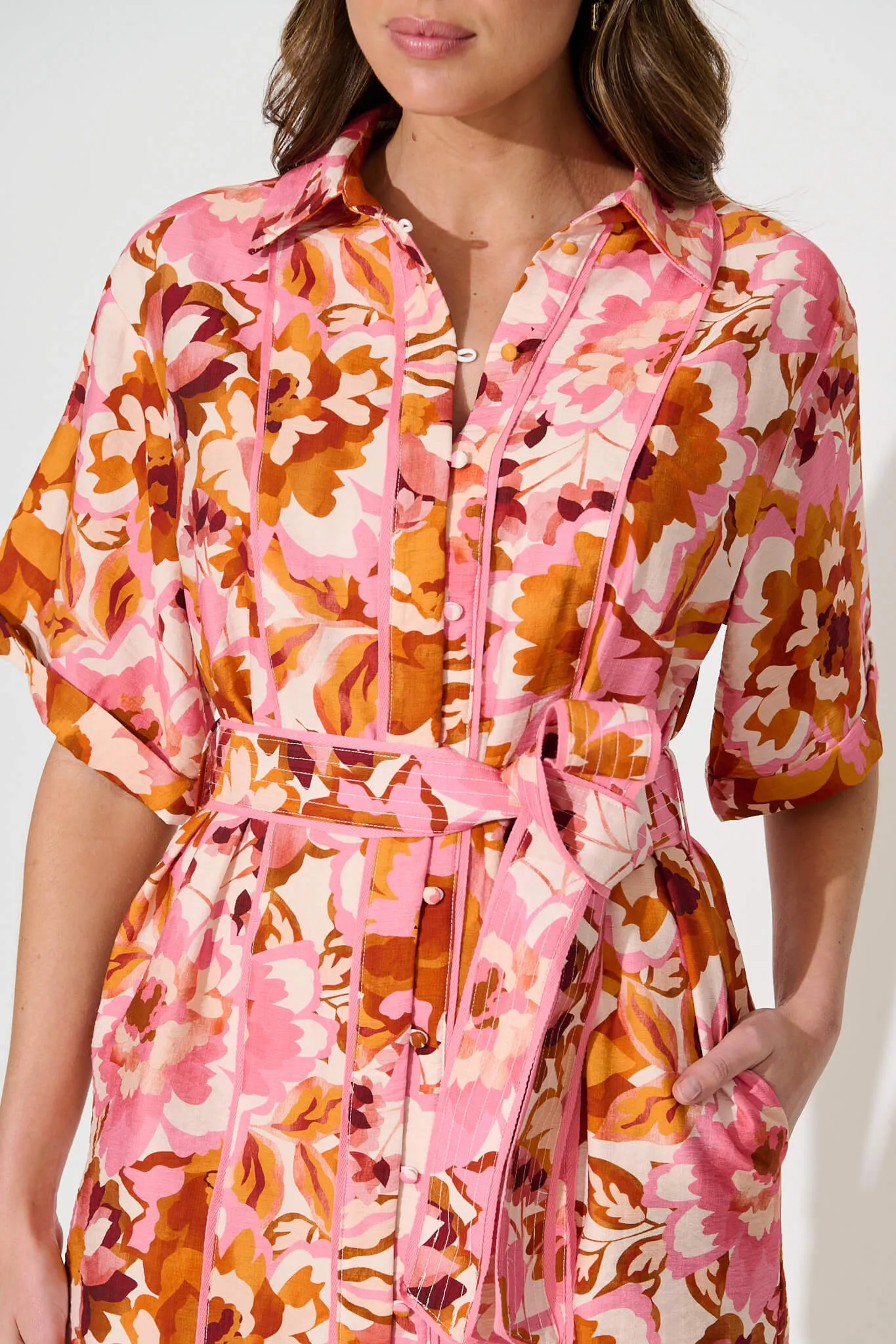 Spirit Shirt Dress In Pink With Rust Floral