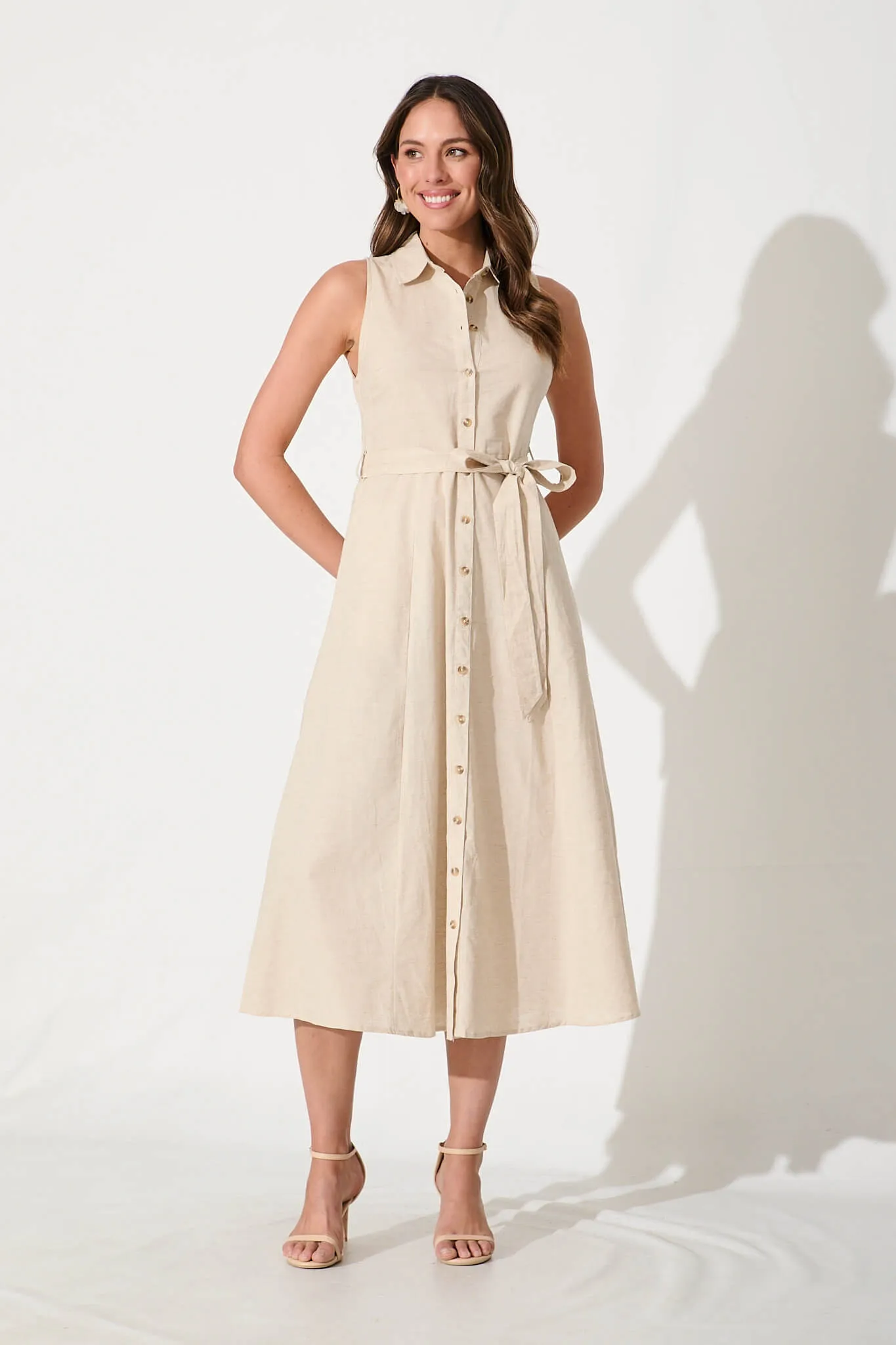 Thalia Maxi Shirt Dress In Oatmeal Cotton Blend