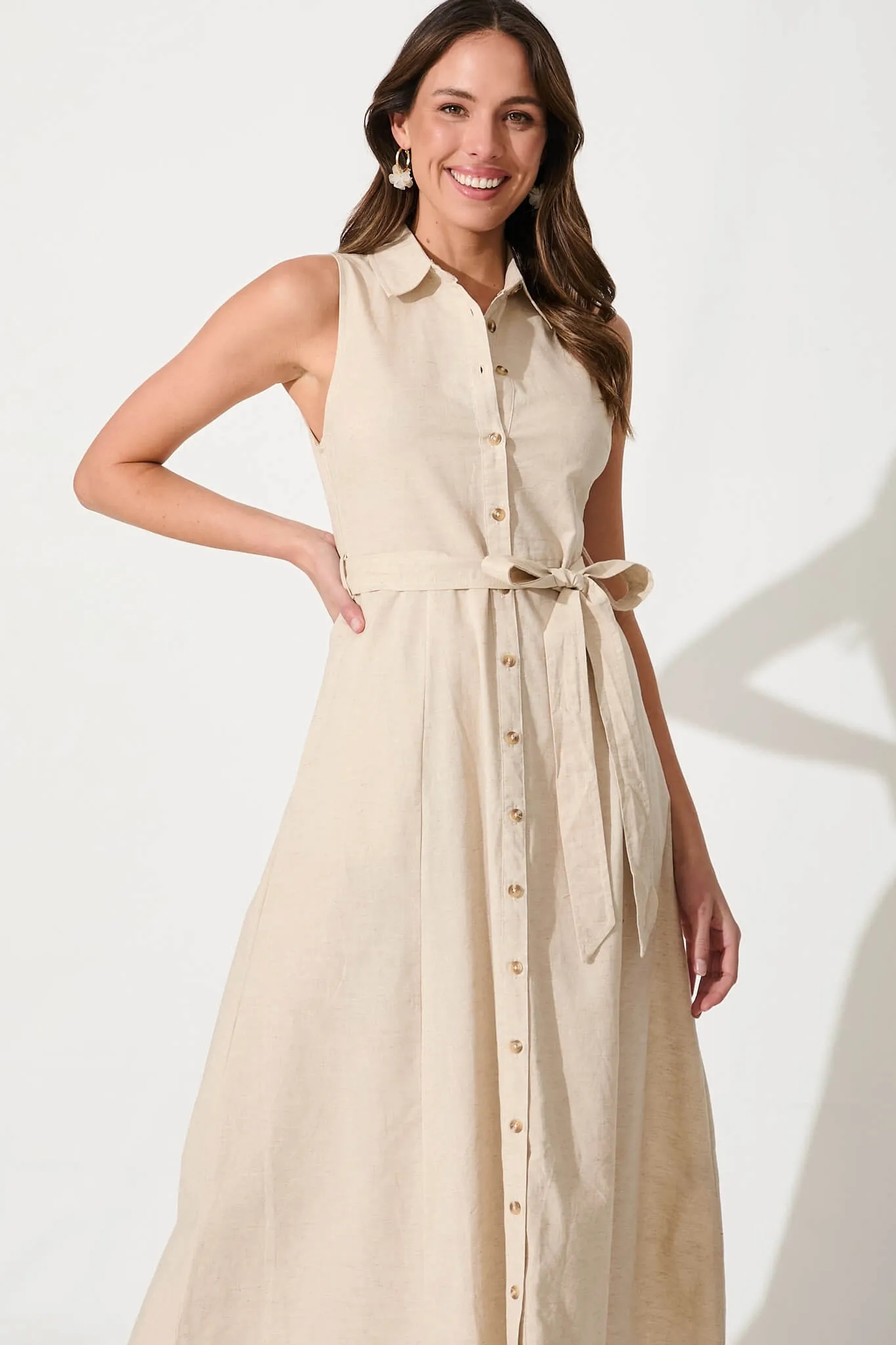 Thalia Maxi Shirt Dress In Oatmeal Cotton Blend