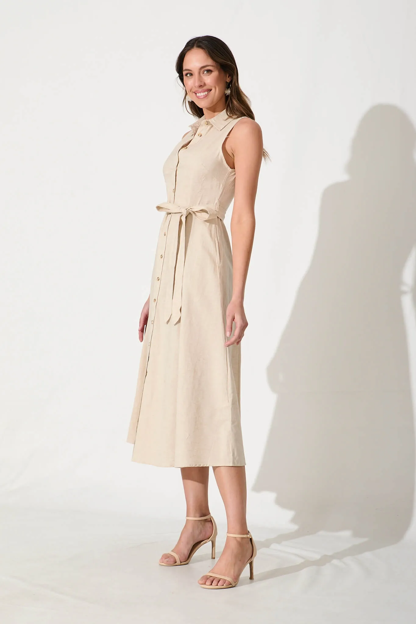 Thalia Maxi Shirt Dress In Oatmeal Cotton Blend