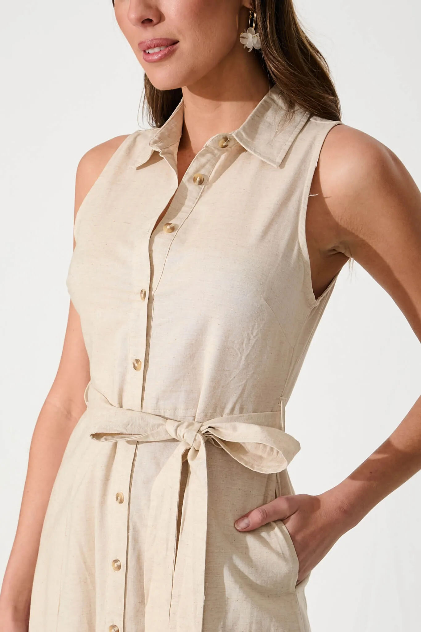 Thalia Maxi Shirt Dress In Oatmeal Cotton Blend