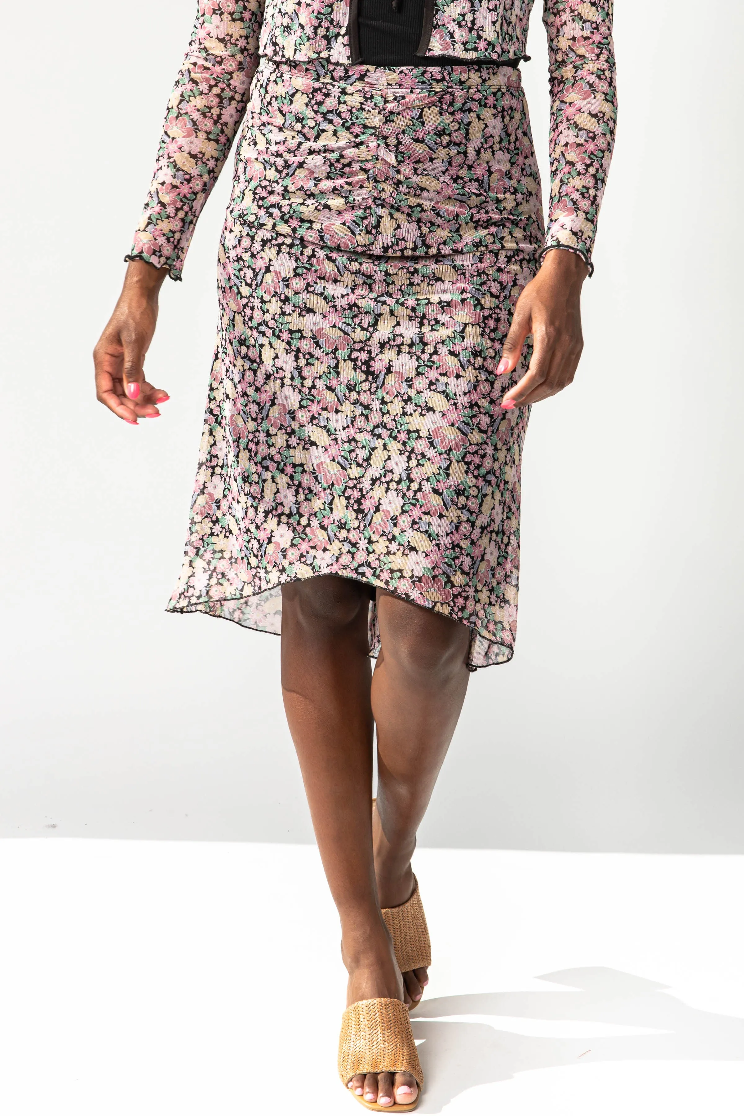 The Jolie Ruched Floral Skirt in Black