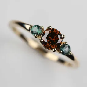 Three Stone Ring with Cognac Diamond and Sapphire Side Stones