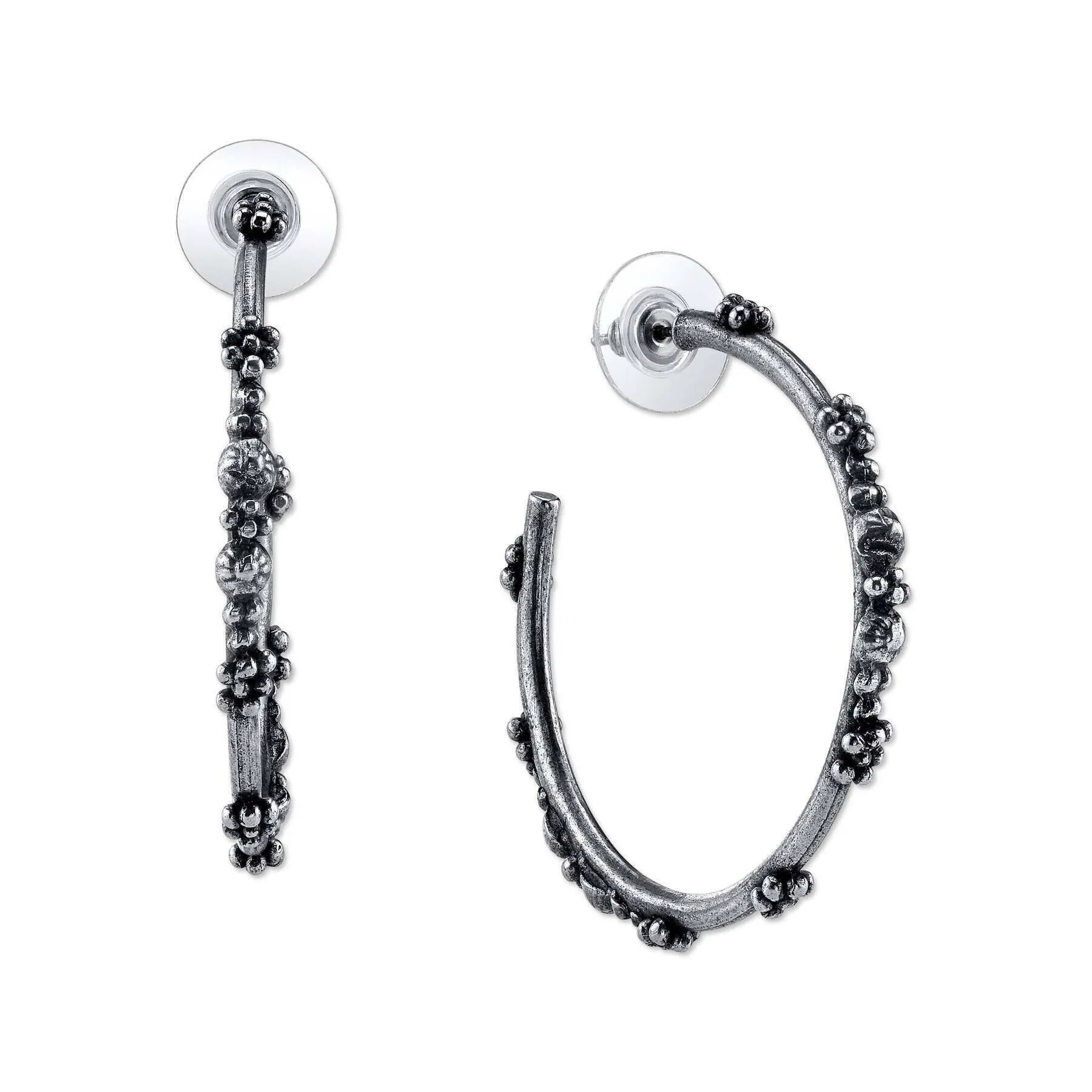 T.R.U. Small Pewter Floral Hoop Earrings