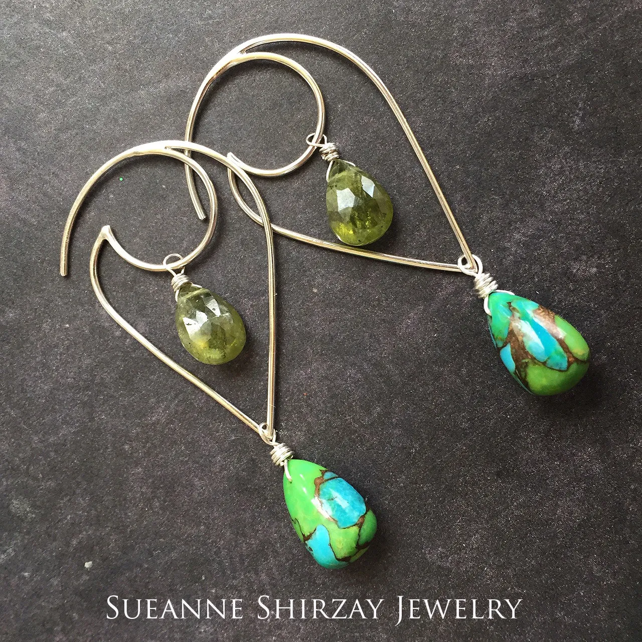 Two week back order- Moon and Wave GREEN Turquoise and Vessonite Garnet earrings