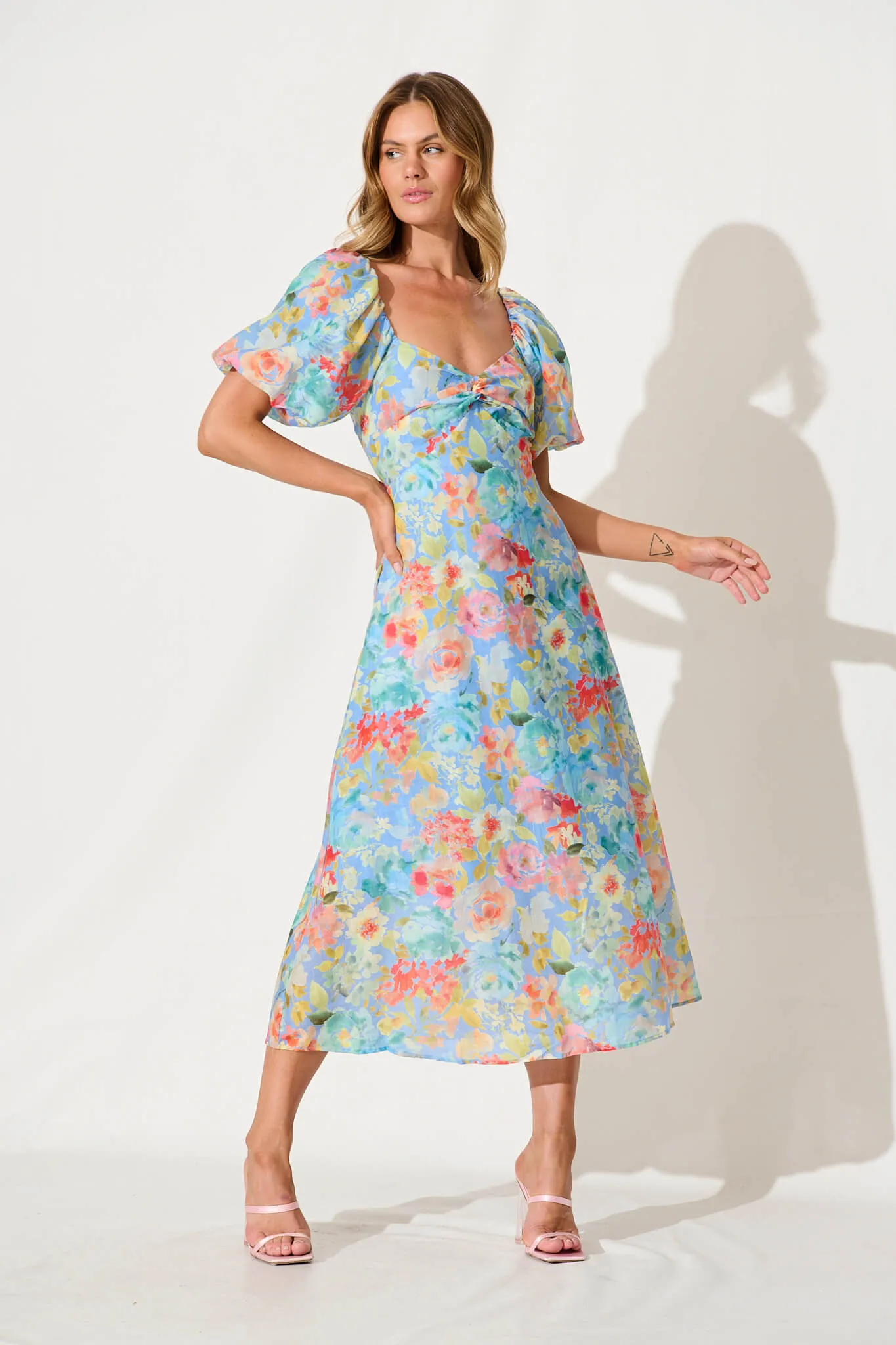 Vale Midi Dress In Blue With Multi Floral Cotton Blend