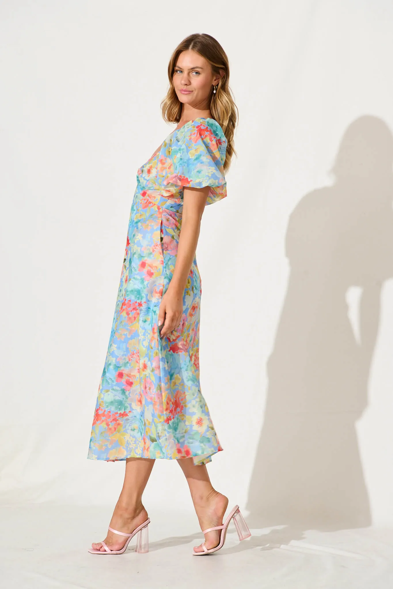 Vale Midi Dress In Blue With Multi Floral Cotton Blend