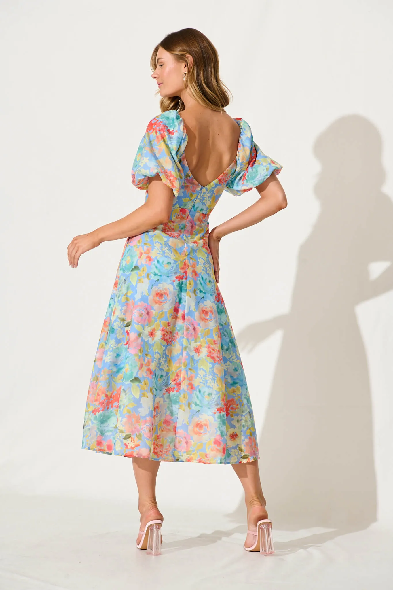 Vale Midi Dress In Blue With Multi Floral Cotton Blend