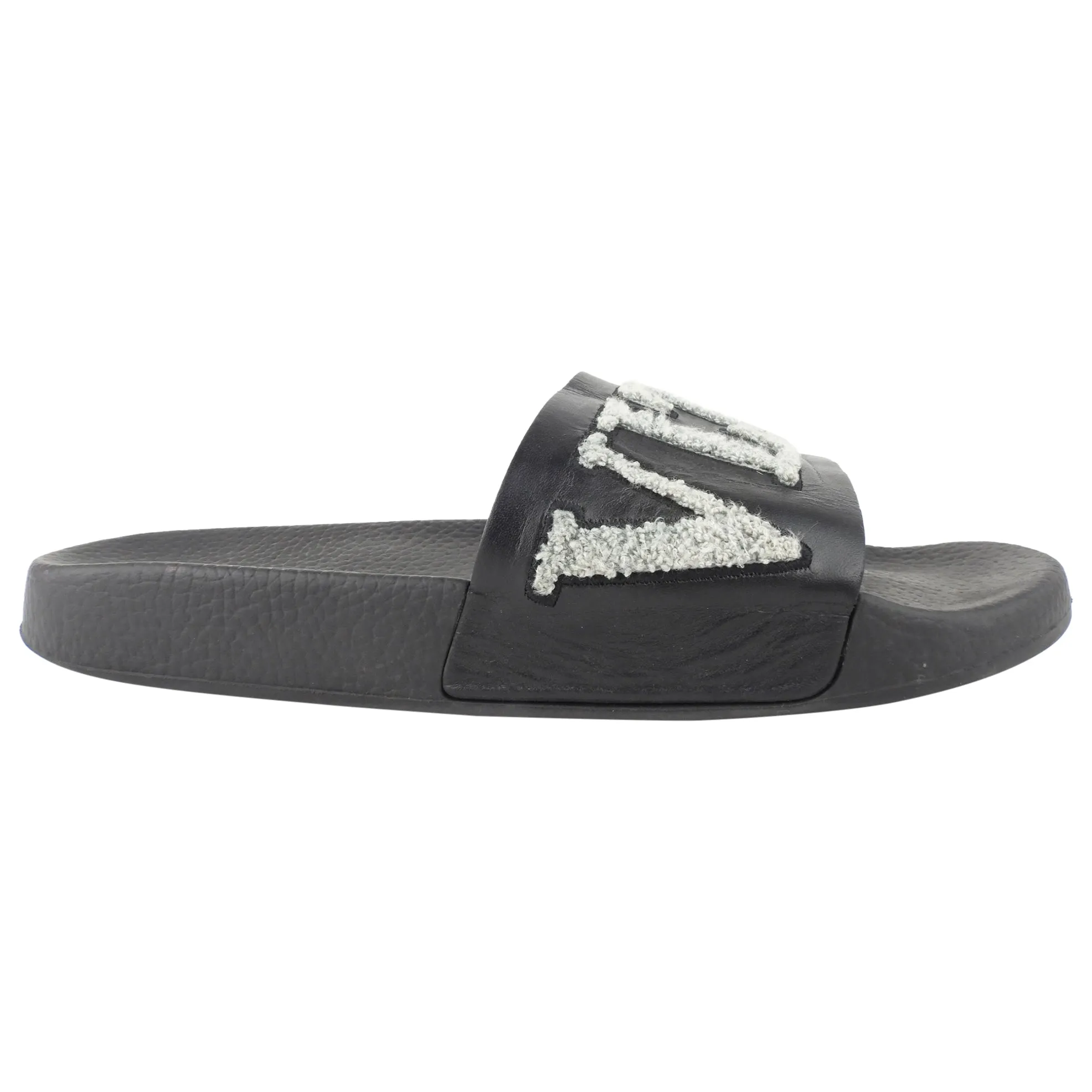 Valentino Black and Grey Flocked VLTN Logo Slide Sandal - 40