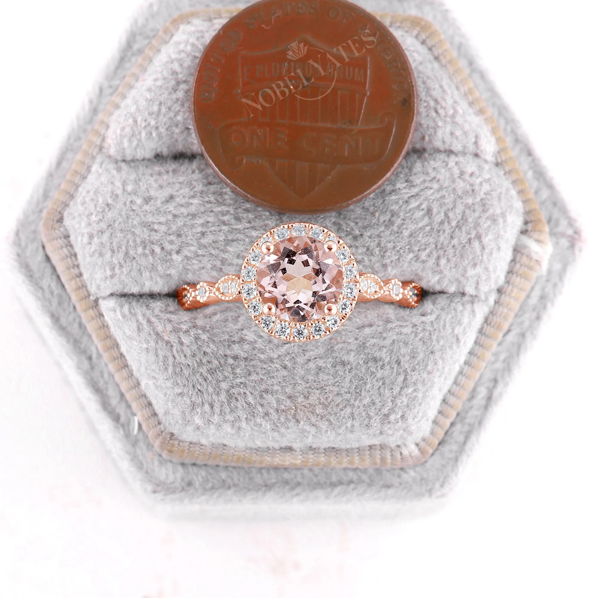 Vintage Orange Pink Morganite Round Halo Engagement Ring Rose Gold