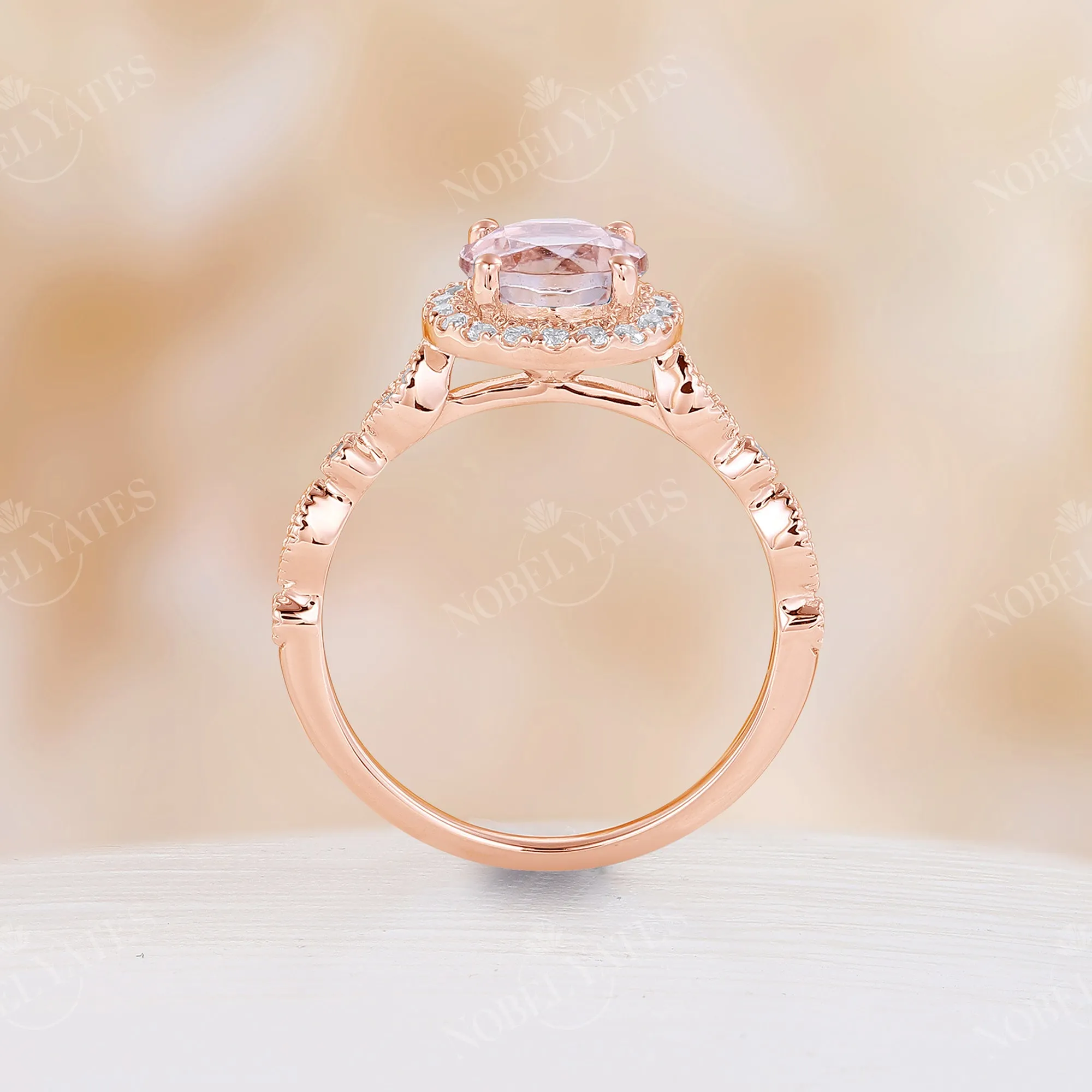 Vintage Orange Pink Morganite Round Halo Engagement Ring Rose Gold