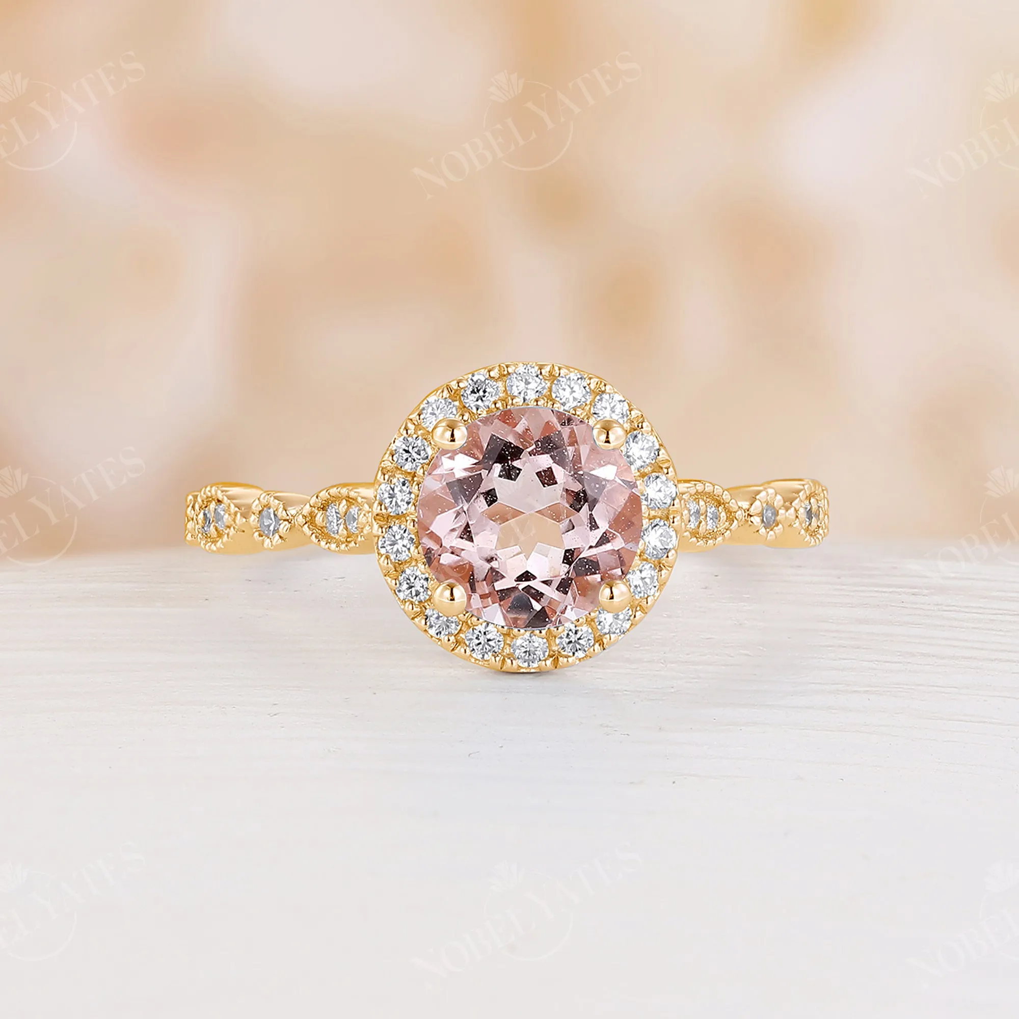 Vintage Orange Pink Morganite Round Halo Engagement Ring Rose Gold