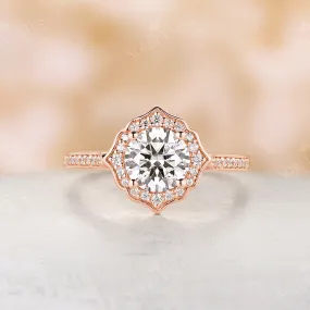 Vintage Round Moissanite Floral Engagement Ring Rose Gold