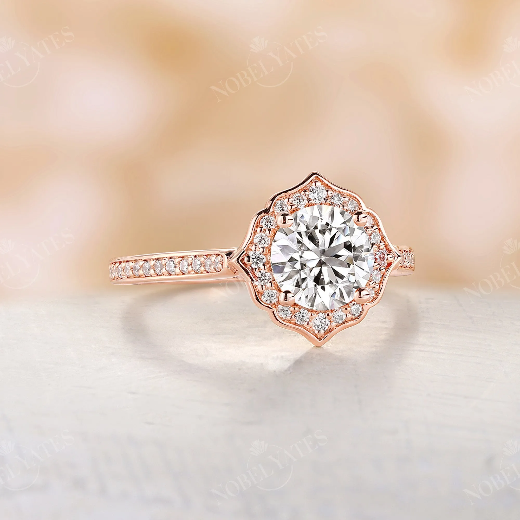 Vintage Round Moissanite Floral Engagement Ring Rose Gold