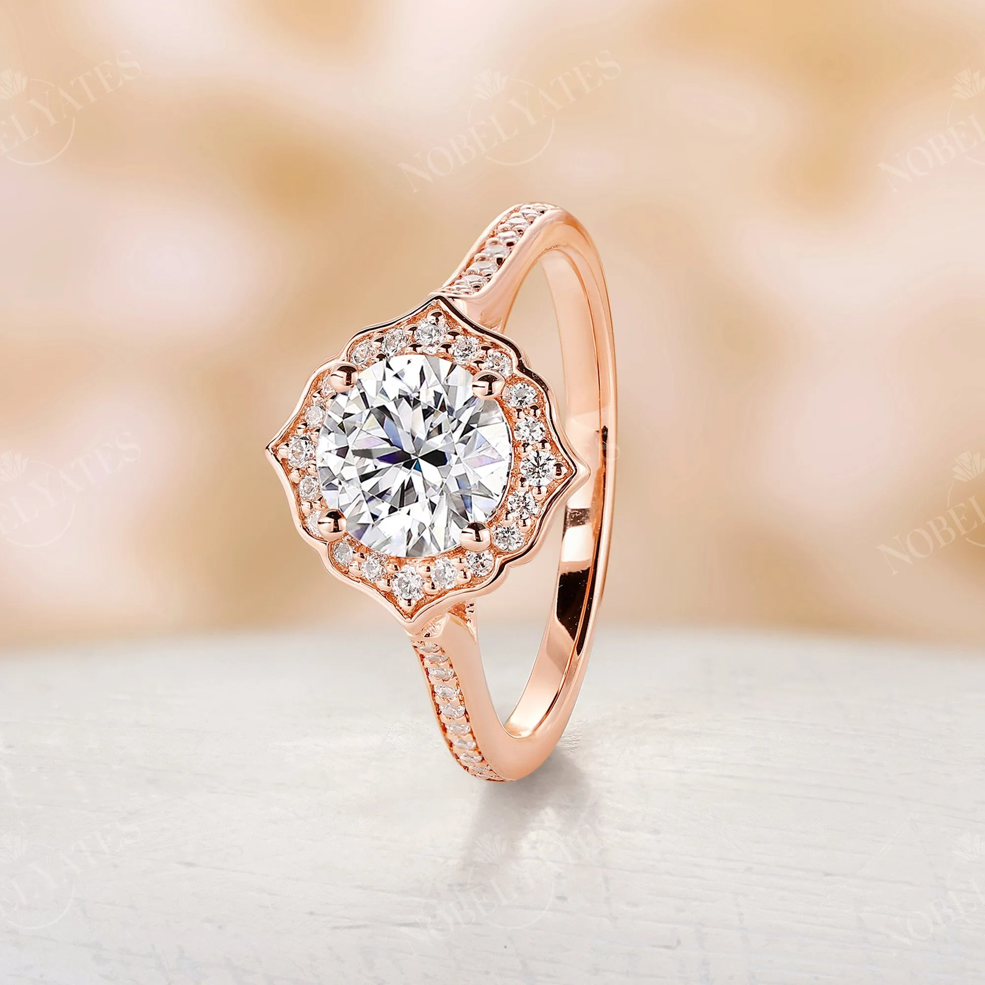 Vintage Round Moissanite Floral Engagement Ring Rose Gold