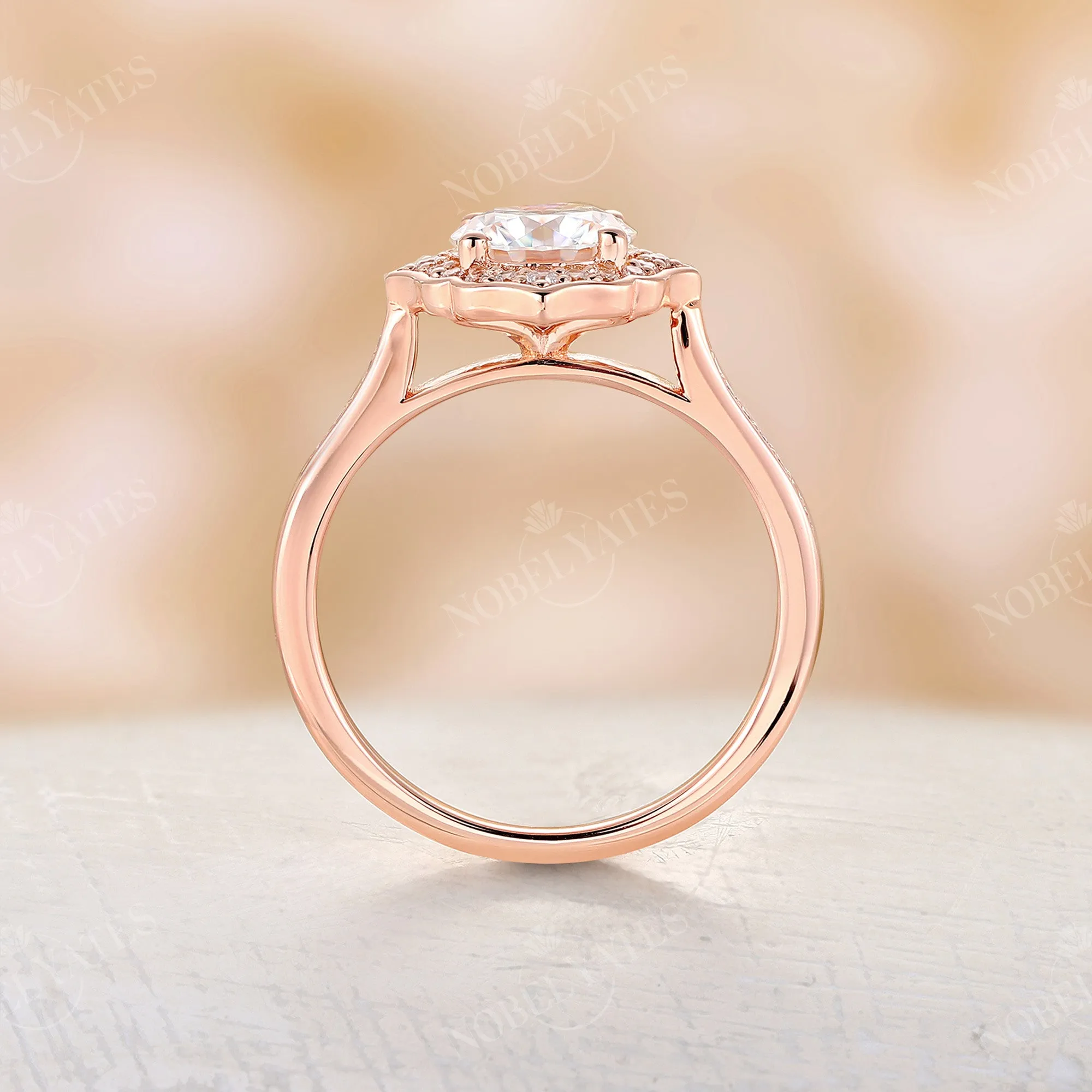 Vintage Round Moissanite Floral Engagement Ring Rose Gold