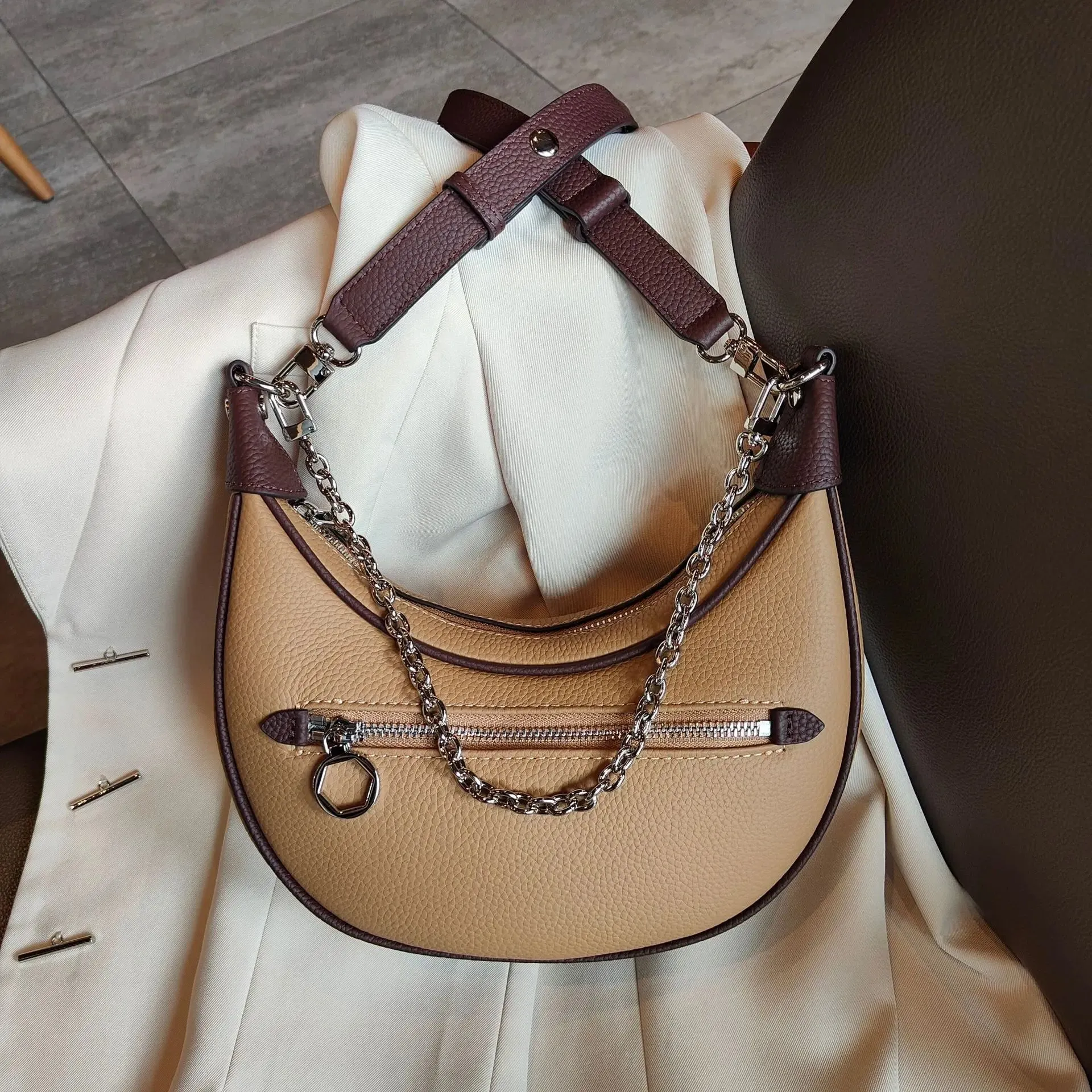 Women's Cowhide Leather Chain Decor Half Moon Shape Shoulder Handbag